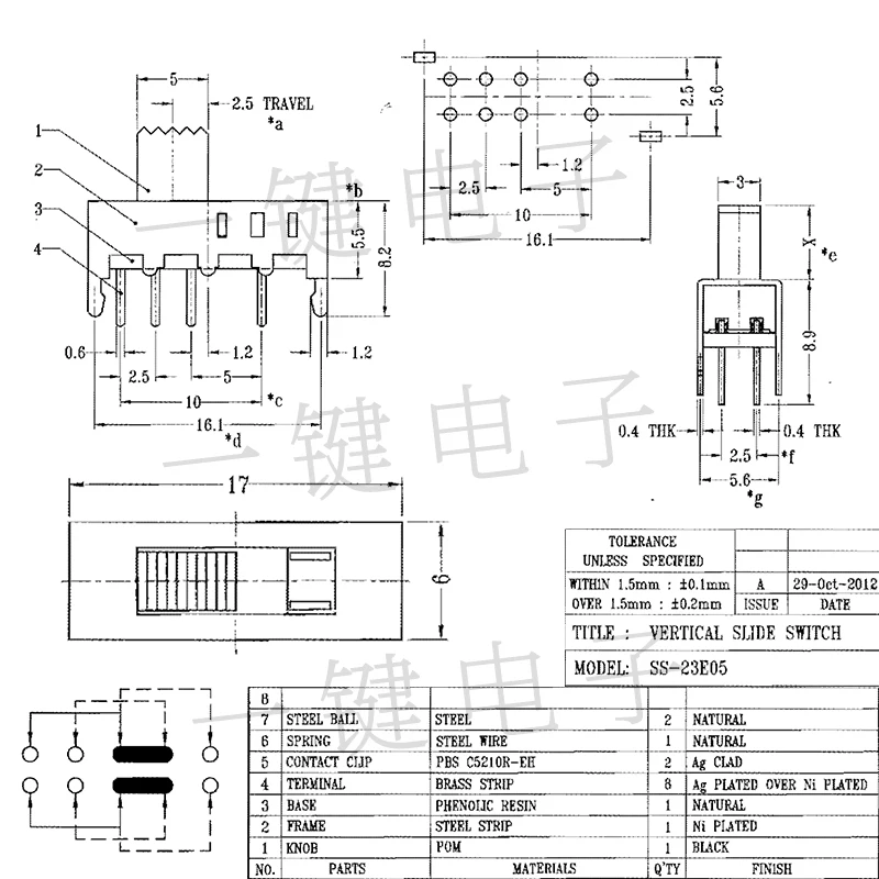 10 buah SS-23E05 2P3T tinggi pegangan 3/5mm 8Pin dan 2 Pin tetap saklar daya geser vertikal