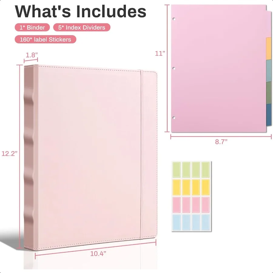 منظم مجلد احترافي من جلد البولي يوريثان مقاس 1 بوصة باللون الوردي مع فواصل مناسبة لحجم 8.5 × 11 ورقة فضفاضة لطيفة
