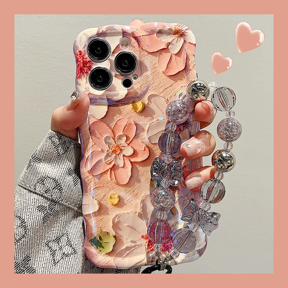 Oil Painting Flowers Phone Case with chain For iPhone 11 12 13 14 Pro Max 12promax Soft IMD Shockproof Bumper Wavy Frame Cover