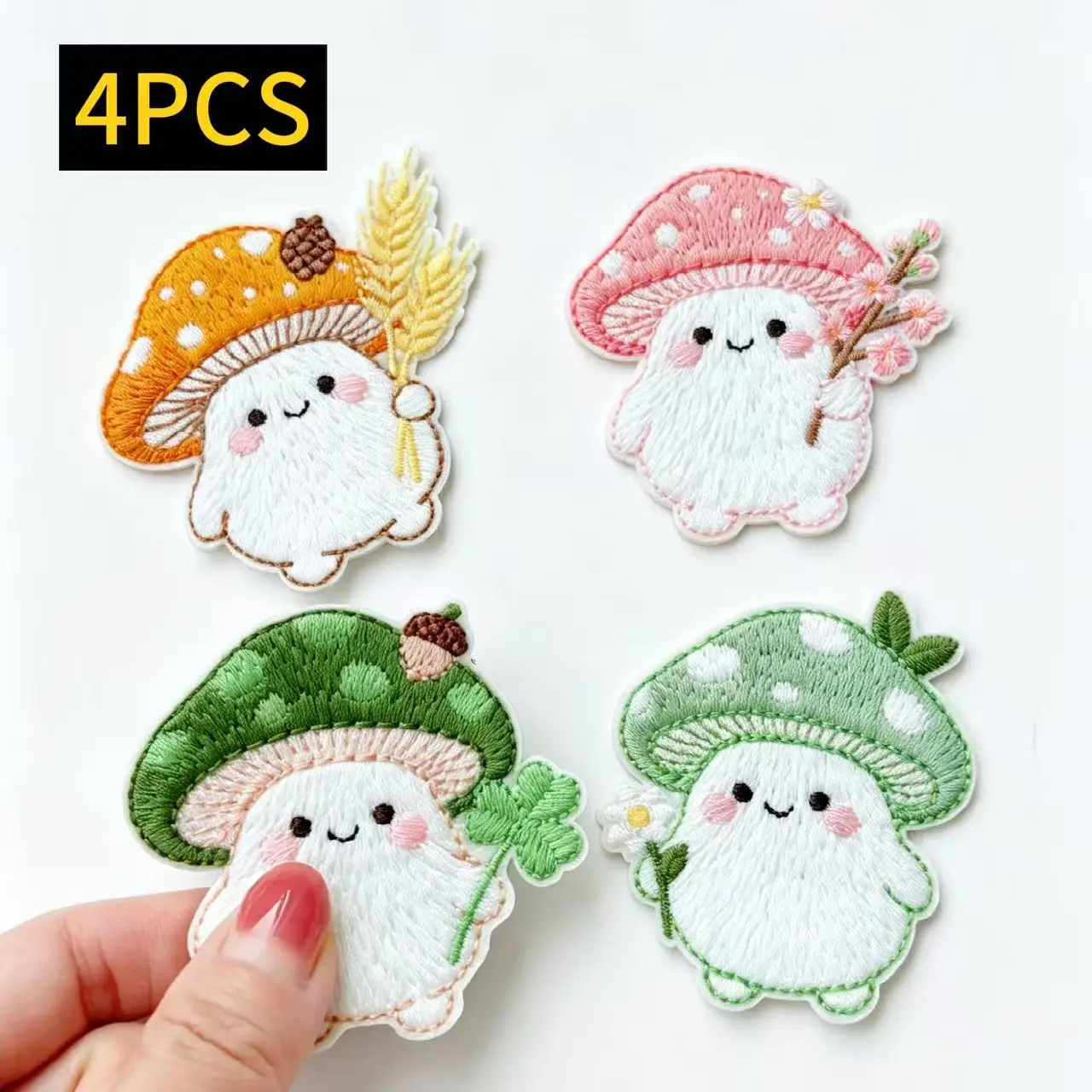 4PCS Mushroom Embroidered Patches Self-Adhesive, Cute Vibrant Cartoon Iron-Free Fabric Stickers, DIY Clothing Bags Decoration