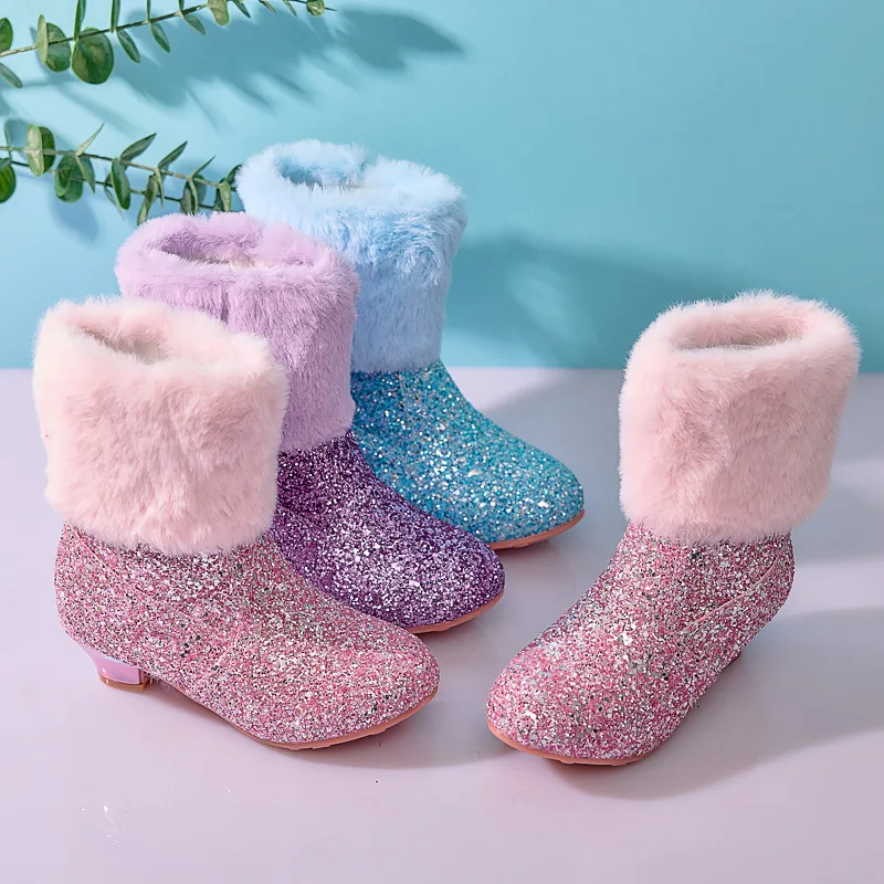 Fashion Sequins Girls Ankle Booties Winter Warm Plush Children's Snow Boots Princess High Heels Kids Footwear Mid-calf Botas