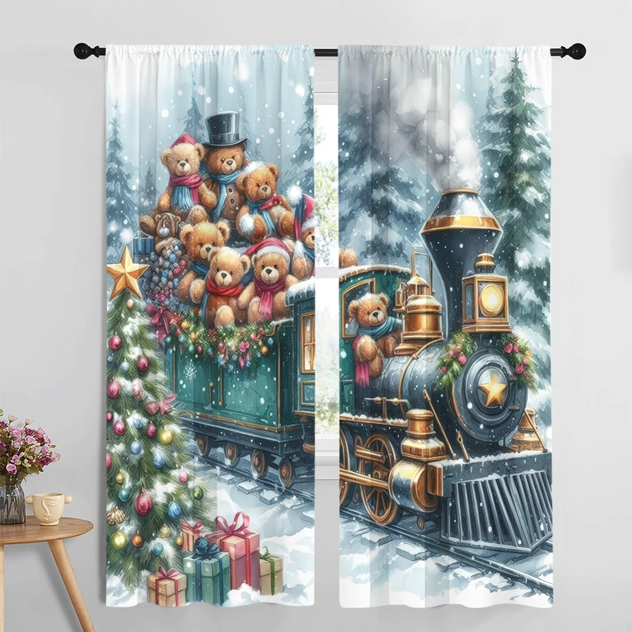 2PCS Christmas Winter Curtains, Teddy Bear Christmas Train, Digital Print, Bedroom Living Room, Rod Pocket Polyester, Home Decor