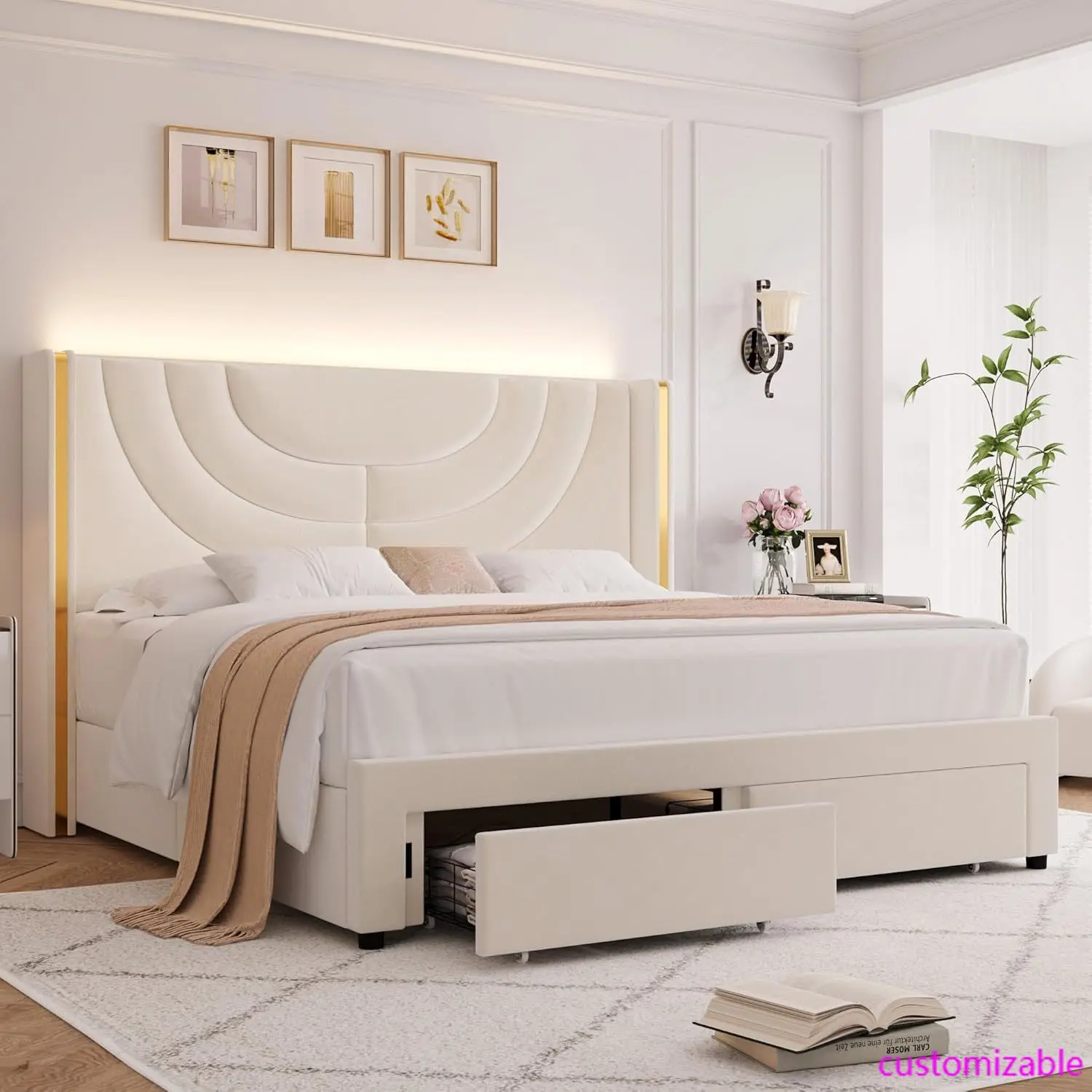 Marco de cama LED tapizado King, cama con plataforma de terciopelo con cabecero alero, soporte de listones de madera maciza, empalme de cabecera, Beige