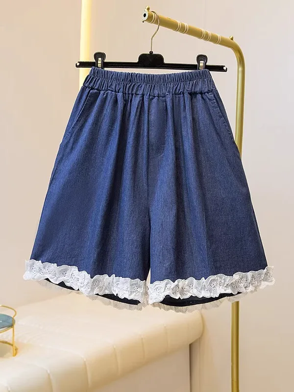 

Женские джинсовые брюки больших размеров с высокой талией, повседневные широкие брюки трапециевидной формы с кружевной отделкой, новые летние брюки с эффектом похудения