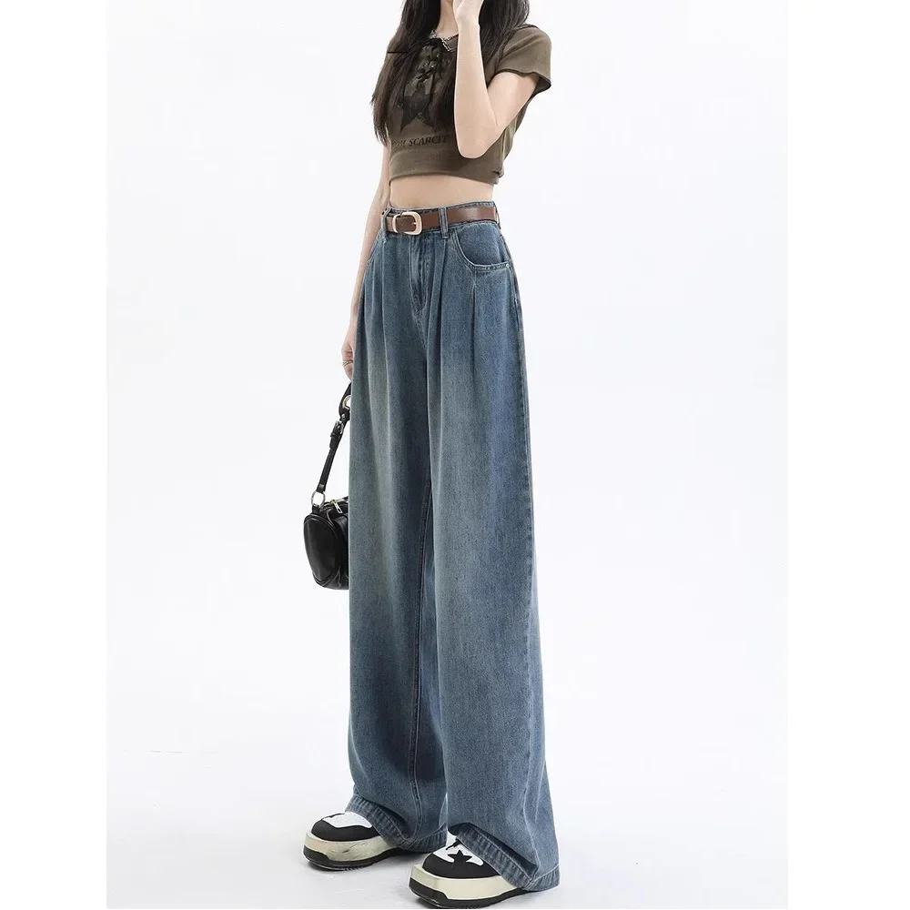 

Pop American Style Retro Slim Wide Leg Jeans Women's Spring Autumn High Waist Loose Straight Floor-Length Trousers Trendy