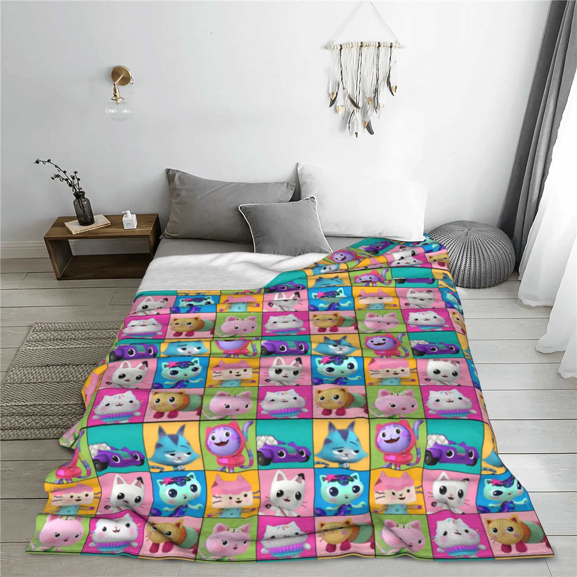 Cartoon Cat Cute Gabbys Dollhouse Blankets Fleece Print  Multi-function Lightweight Thin Throw Blankets for Bed Office Quilt