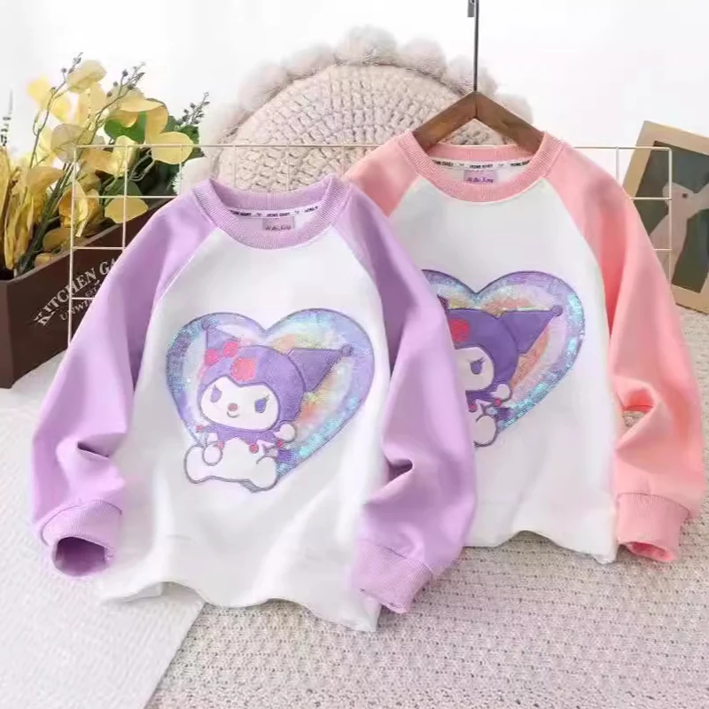 Kuromi-Sudadera con capucha de lentejuelas de cuello redondo para niños, ropa Kawaii de Anime Sanrio, patrón de dibujos animados, manga larga, regalo para niños, 2024