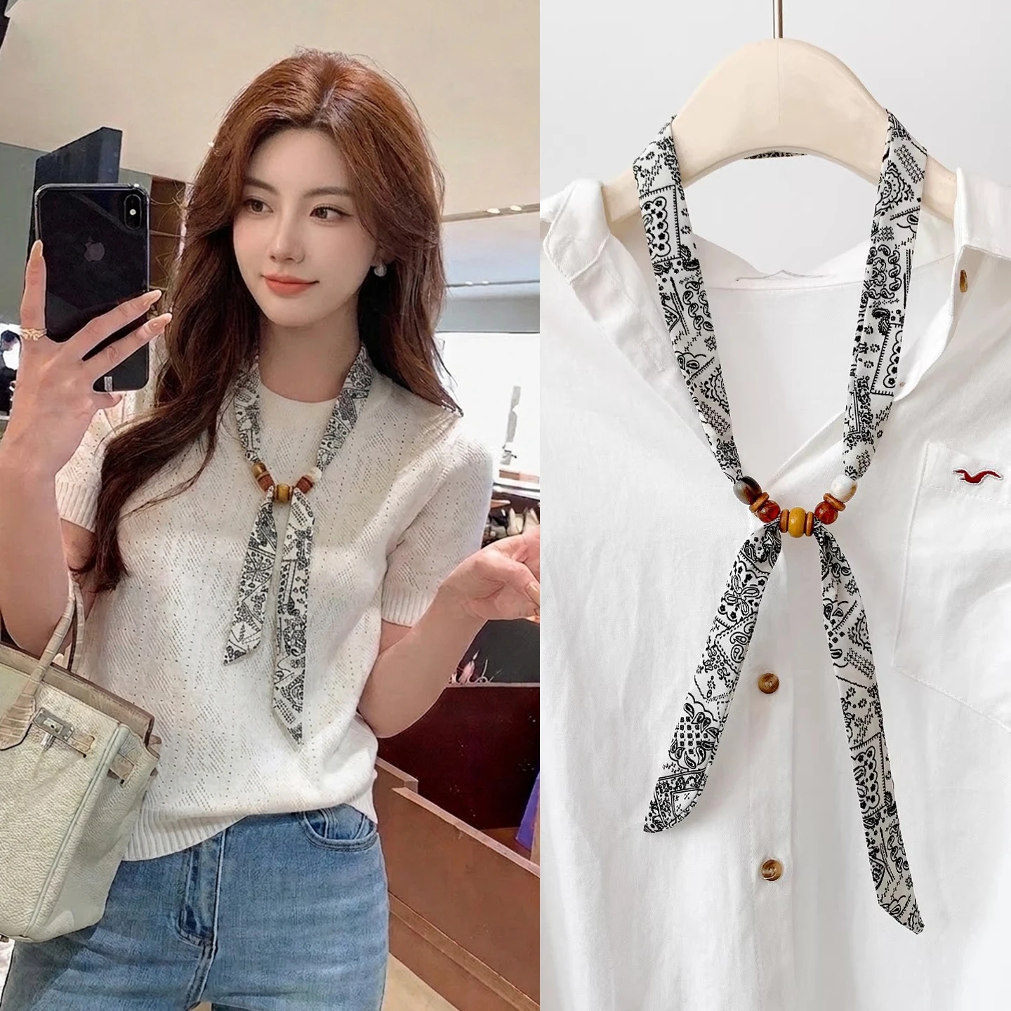 Korean Style Elegant Long Beaded Silk Scarf Women's Necklace Shawl Spring Summer Thin Decorative Scarf Versatile New Model