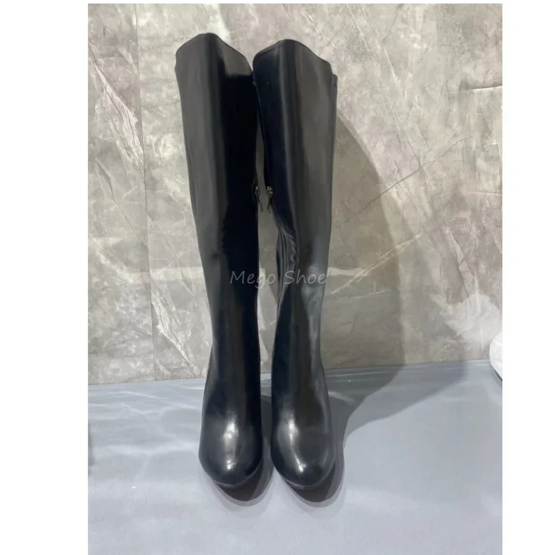 Women's Long Boots Black Genuine Leather Pointy Toe Chunky High Heel Boots Female Shoes Size 42 Brand Design Shoes New Fashion