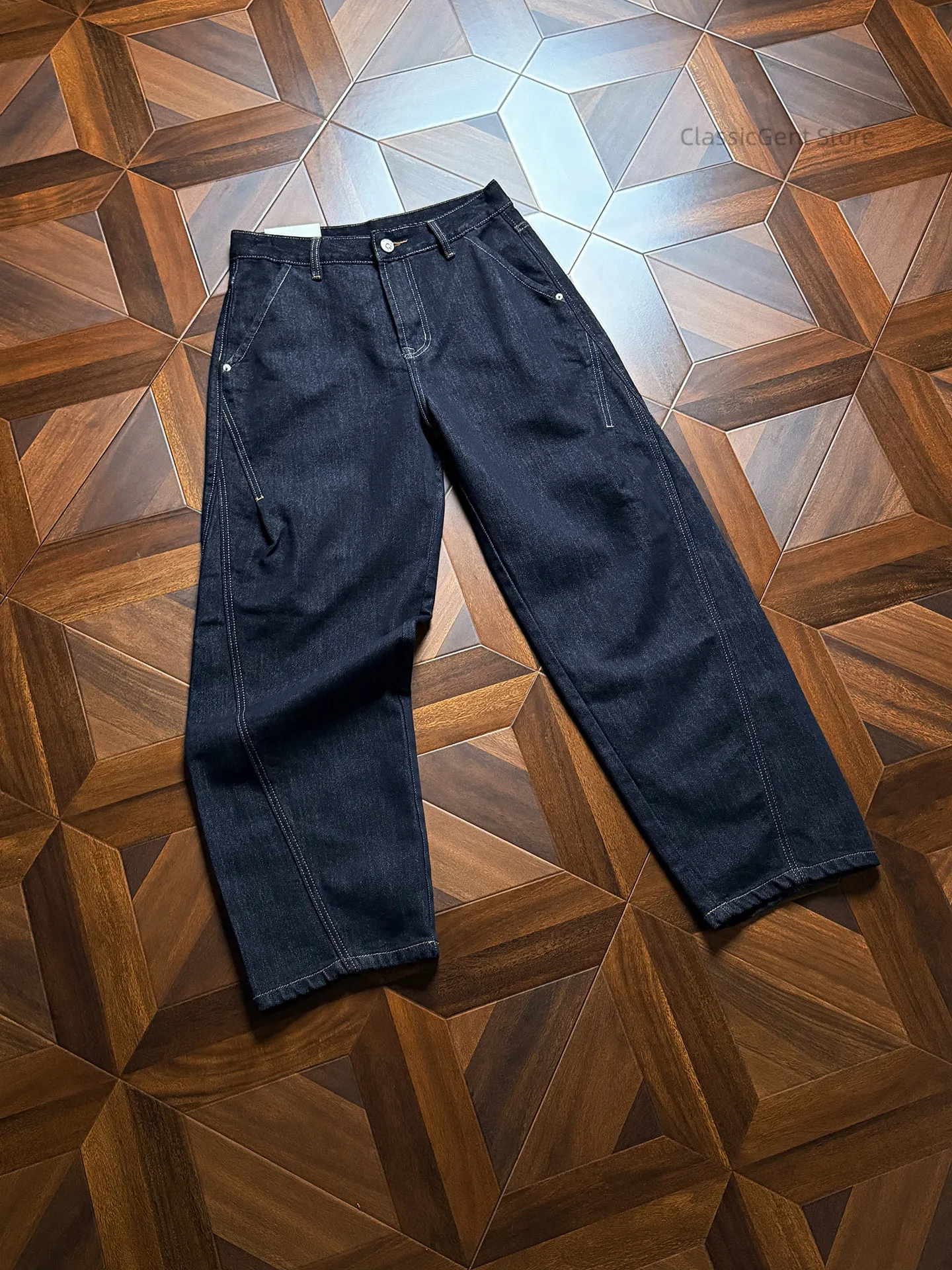 

Cattle Party exclusive primary color 11 ounces wide-leg scimitar jeans, double-lane open-line stitching