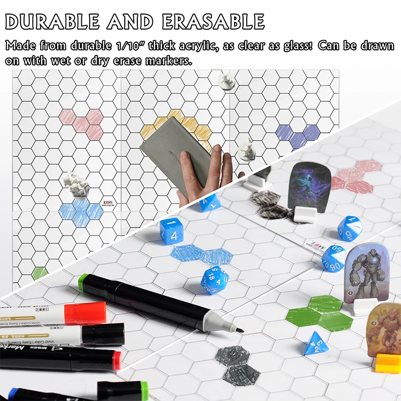 Tapete de jogo acrílico com grade hexagonal, 1 em, 7 em x 8 em, Battle Map Board, claro e durável, ótimo para Pathfinder e outro jogo de RPG,