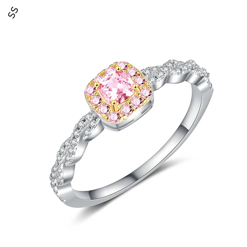 Stylish 925 Sterling Silver Plated Gold Inlaid Square Diamond Princess Pink Gems Closed Ring 6/7/8 with Piping Hand Accessories