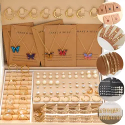 108 Pcs/Set Fashion Necklace Earrings Ring Bracelet Earrings Five in One Jewelry Set For Women Daily Vacation Wearing New 2024