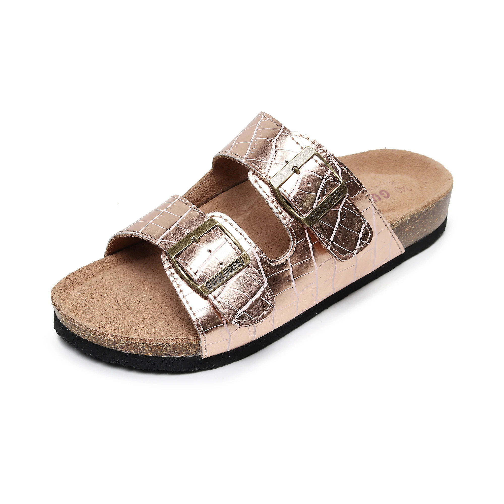 Guoluofei-Sandalias de corcho con 2 correas para mujer, zapatos de playa sin cordones, cómodos, color oro rosa, novedad