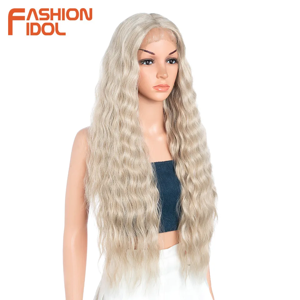 FASHION IDOL 30 Inch Lace Front Wigs Synthetic Ombre Blonde Water Wave Hair Wigs For Women High Temperature Fiber Cosplay Wigs image 3