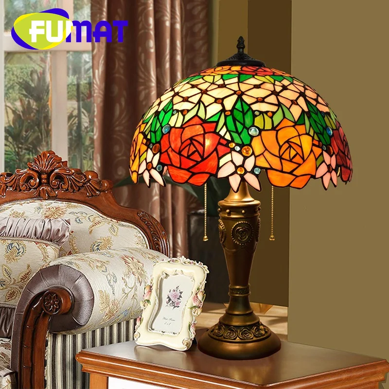 FUMAT Tiffany Rose Table Lamp Stained Glass Vintage Style Modern Art Creative Decorative Light Bedroom Learn LED Night Light