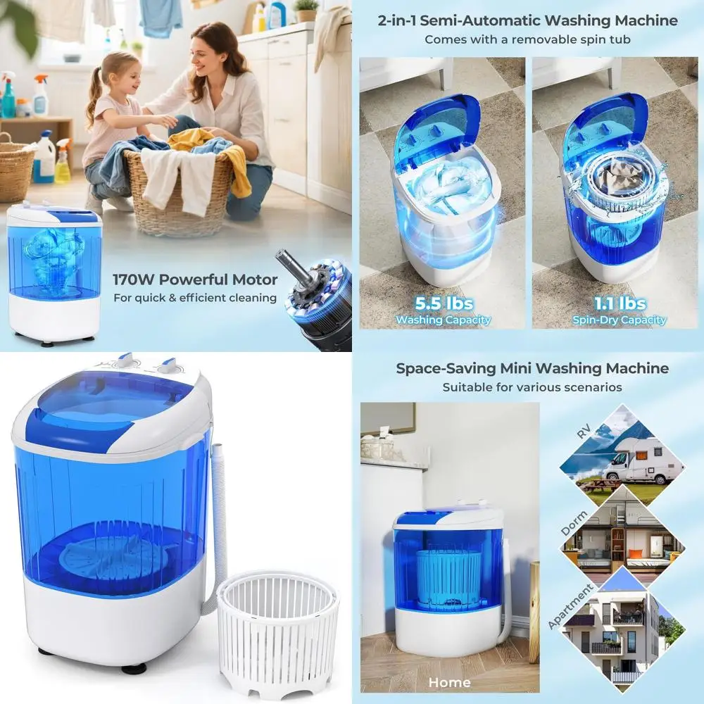 

Compact 5.5 lbs Mini Top Load Washer with Removable Spin Dry Tub and Safety Cover, Ideal for Home, Apartment, RV, Dorm, Blue/Gra