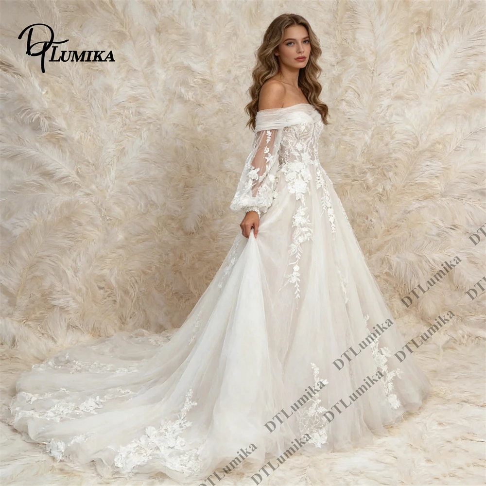 

DTLumika Elegant Long Sleeve Wedding Gown, Lace Overlay Tulle A Line Ball Gown with Cathedral Train, Customizable Fit