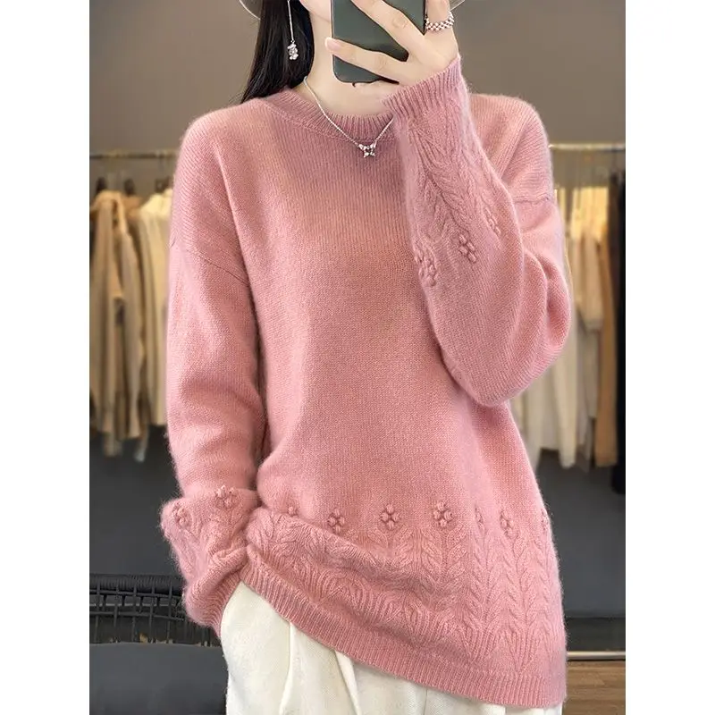 Autumn Winter New Round Neck Long Sleeve Solid Color Sweater Women High Street Jacquard Weave Pullovers Vintage Elegant Tops