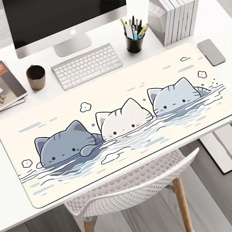 VIKAMA Grey Cartoon Cat Desk Pad Waterproof Gaming Mouse Mat Back View Paw Table Mat Minimalist Desktop Decor For Cat Lovers