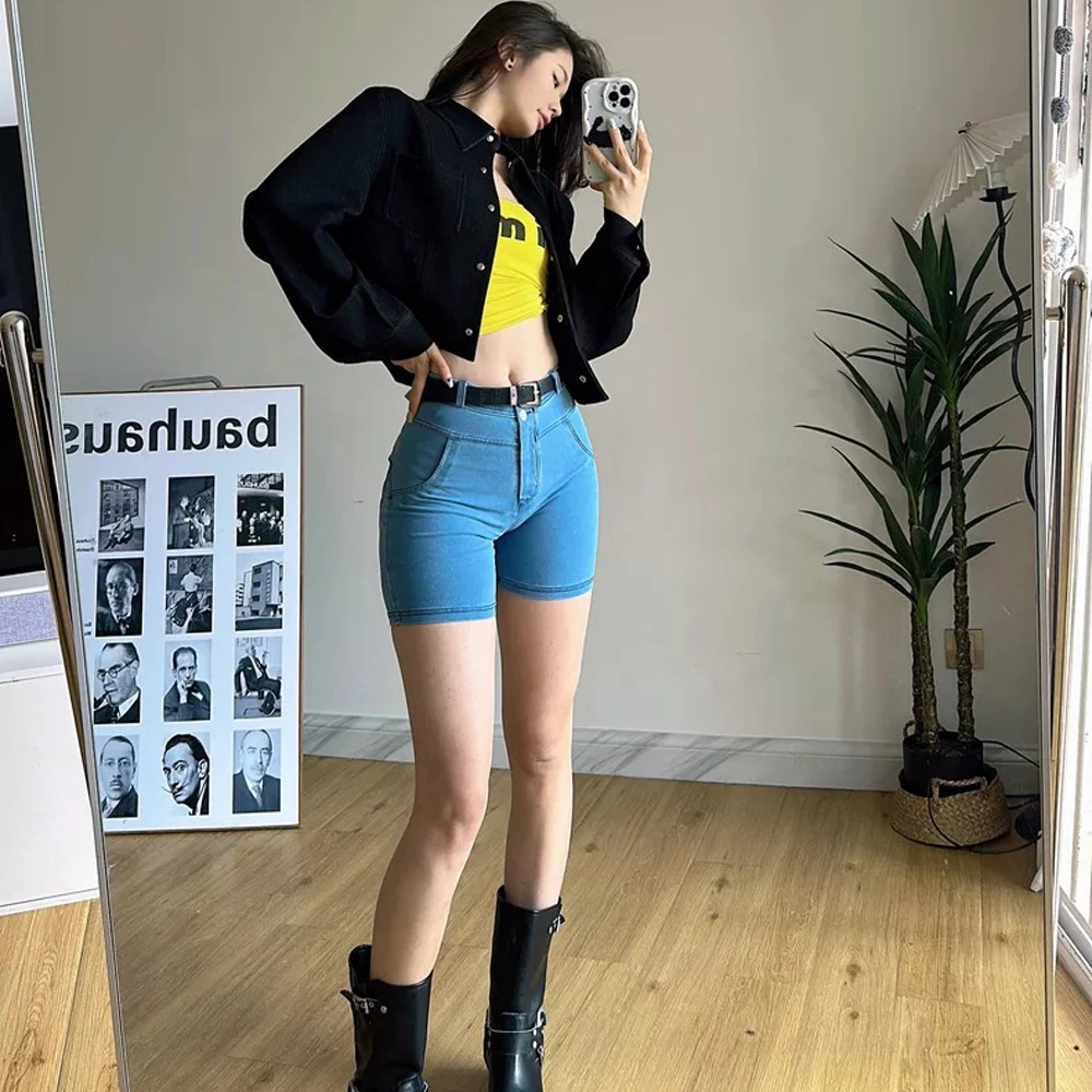 Shascullfites Melody Denim Slim Fit Women's Shorts Comfortable Elastic Shorts Light Blue Skinny Jeans Shorts