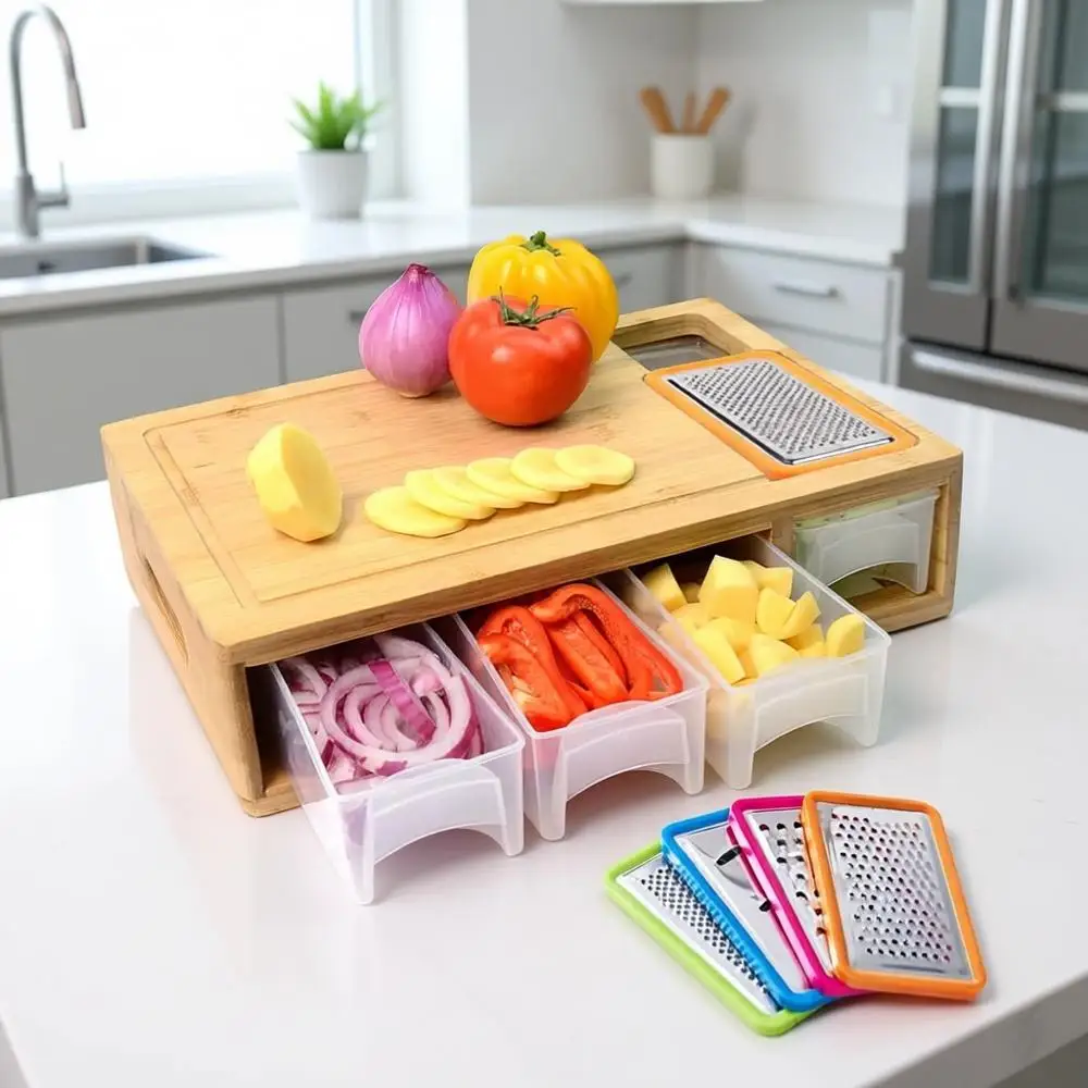 

Large Wooden Cutting Board with Built-in Containers, Lids, and Grater, Carving Board with Easy Grip and Juice Groove