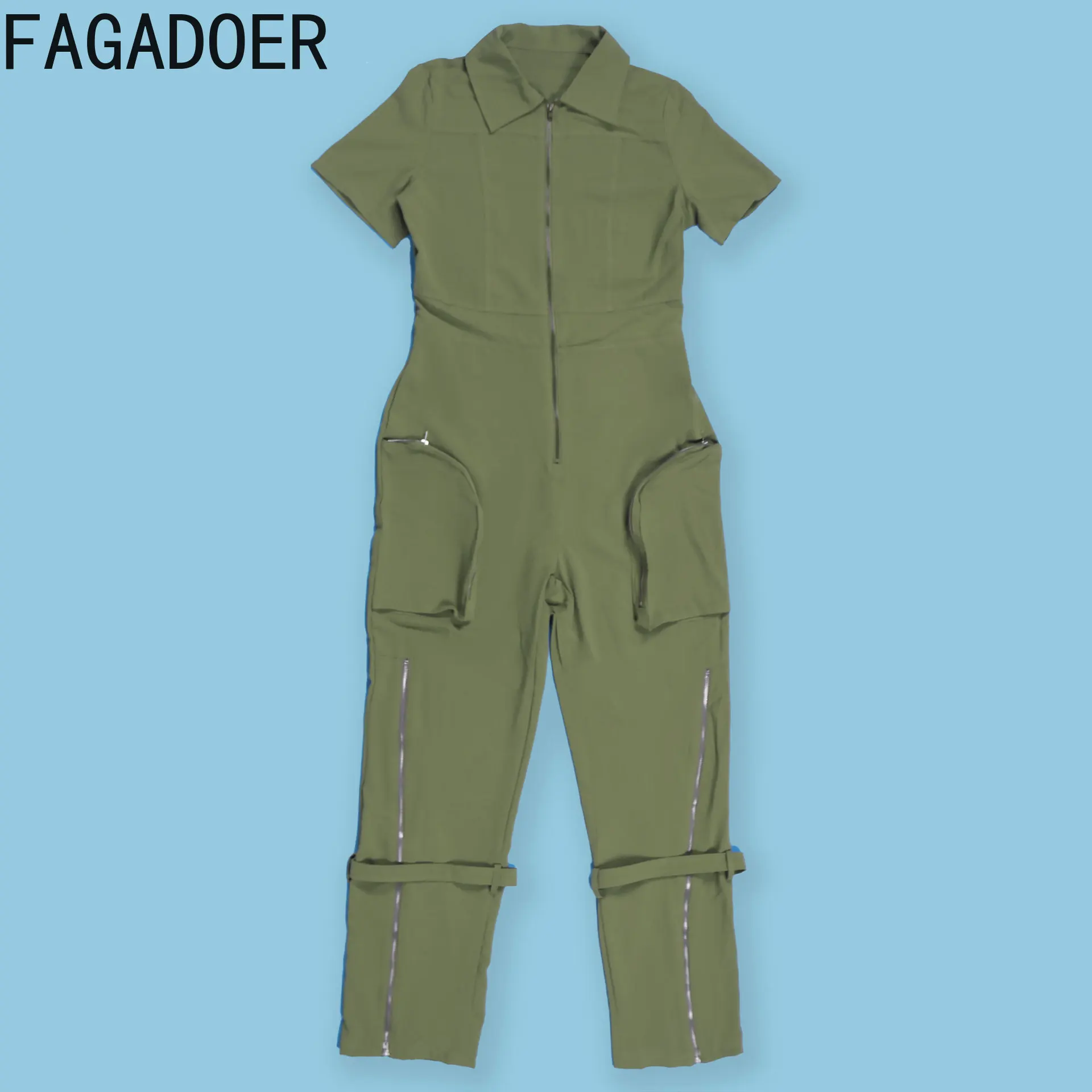 FAGADOER Sexy Solid Pocket Cargo Pants Jumpsuits Women Deep V Short Sleeve Bodycon Playsuits Fashion Sporty One Piece Overalls