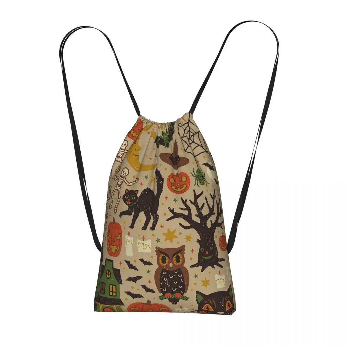 

Cute Cat Pumpkin And Spider Web Halloween Backpacks Fashion Drawstring Bundle Pocket Sports Bag Book Bags for Man Woman School