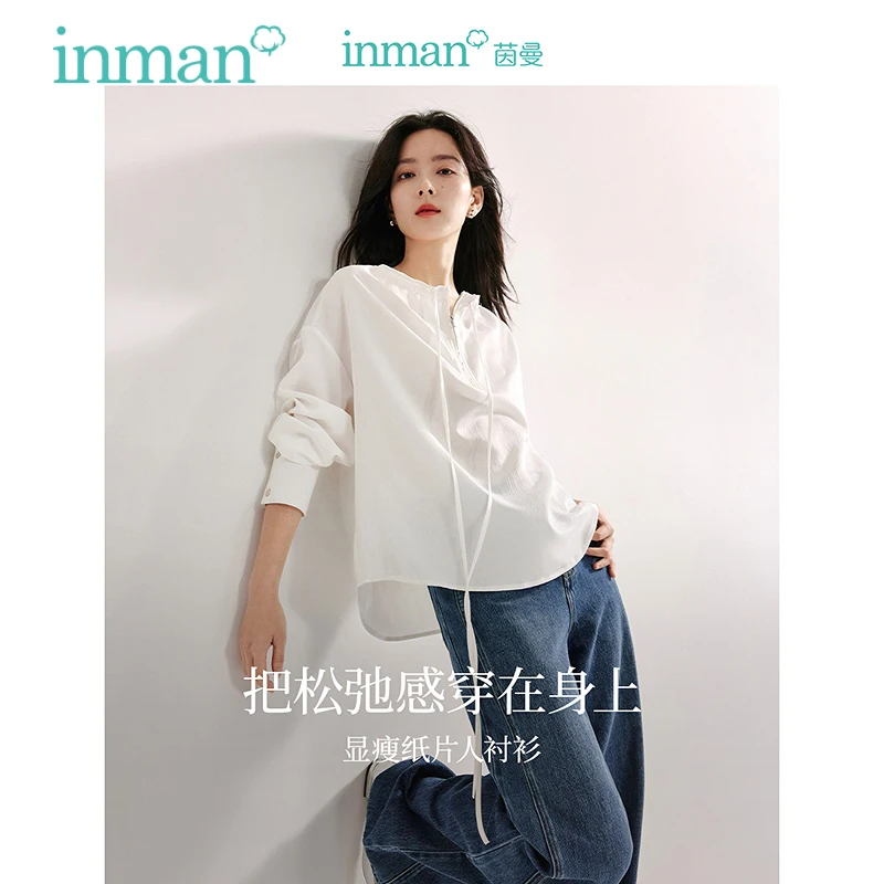 INMAN Women Blouse 2024 Summer Short Sleeves Round Neck Thin Shirts Flounces Pleated Design Elegant Chic Green Blue White Women'