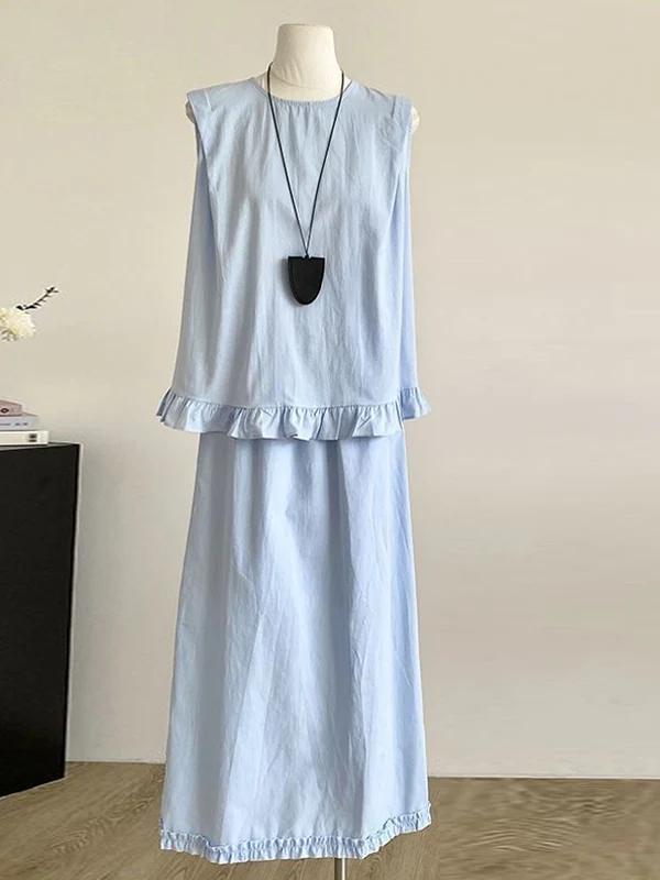 

Модный корейский комплект из топа без рукавов средней длины и юбки для женщин, облегающий, с завышенной талией, лето 2025