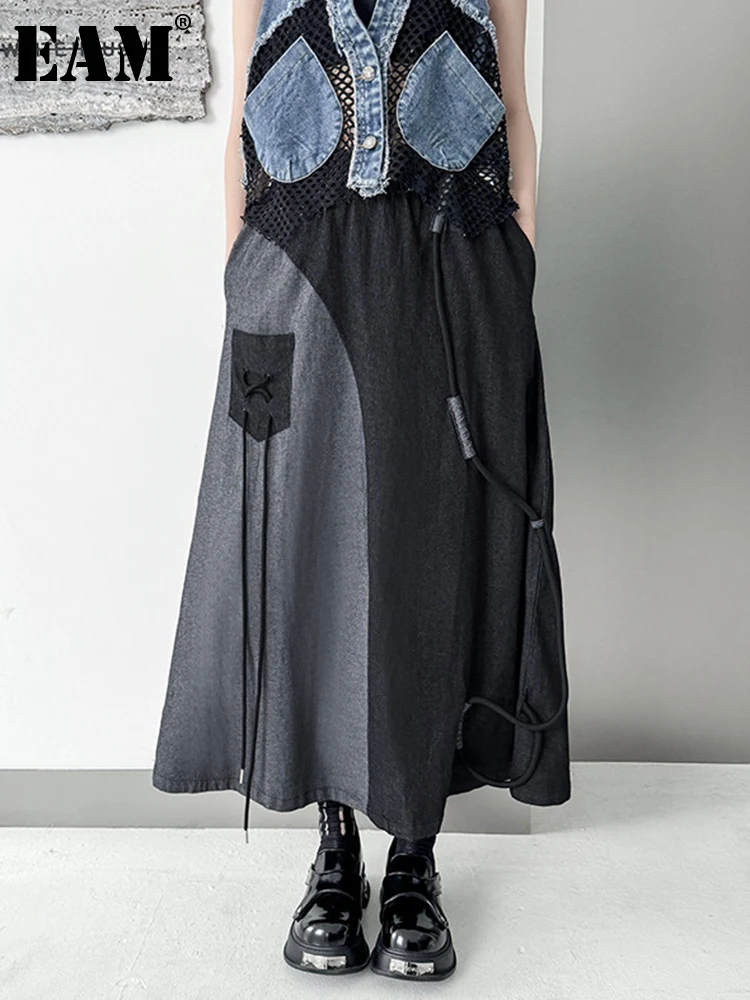 

[EAM] Женская юбка с высокой эластичной талией, разноцветная юбка трапециевидной формы, свободная, модная, новинка, весна-осень 2024, 1DH4340