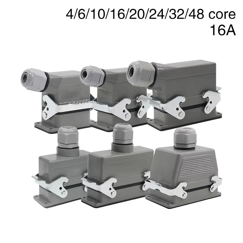 Rectangular Heavy Duty Connector HDC-HE4 6 10 16 20 24 32 48 Core Pin 16A Waterproof Aviation Plug  Top  and Side Line Connector