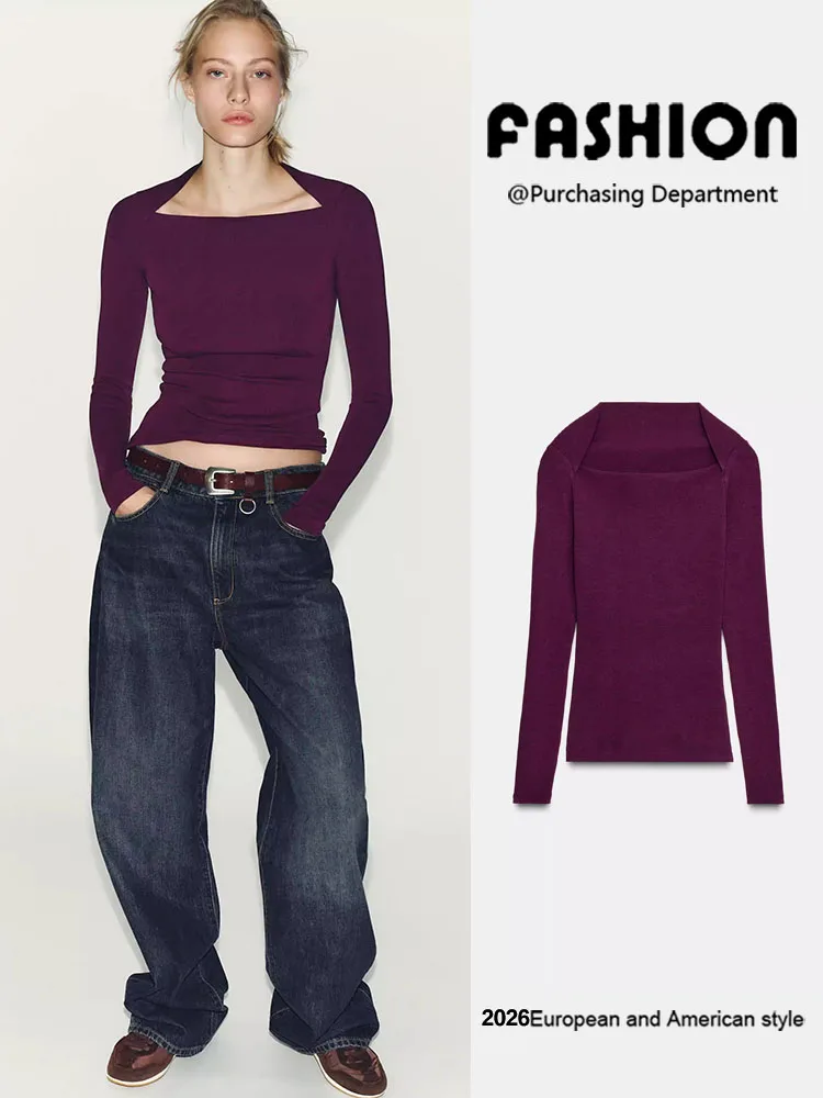 Spring New Women's Slim Fit Straight Tube Square Collar Long Sleeve Ribbed T-Shirt Fashionable Versatile Comfortable Knitwear