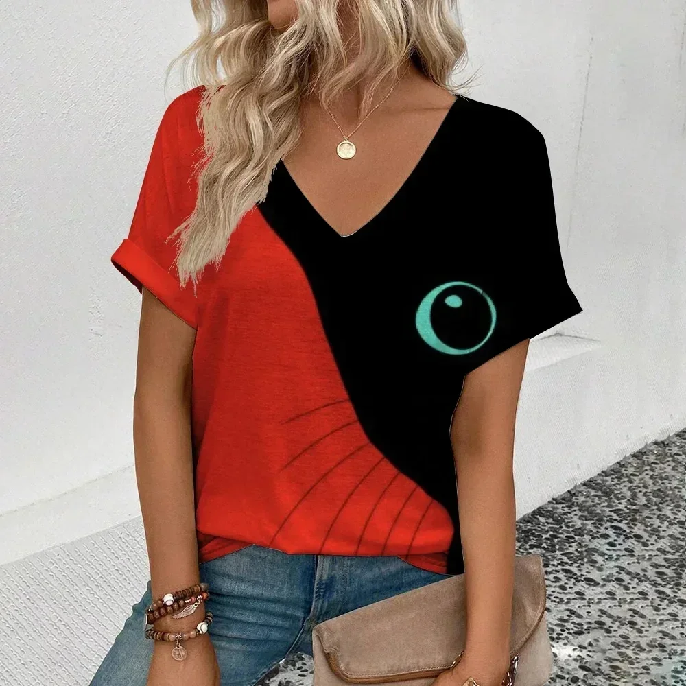 Camiseta feminina casual com estampa 3D, roupas americanas e européias, Amazon AliExpress, top de moda solto, novo, 2024