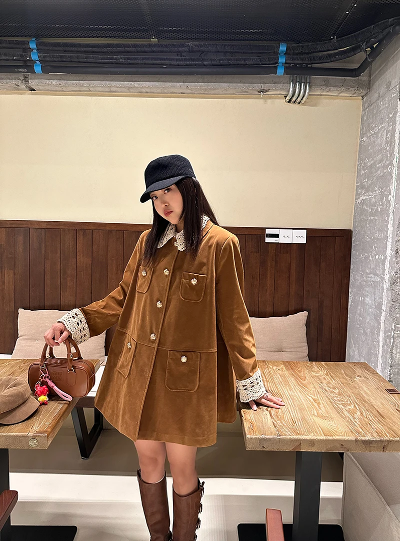 

Женское пальто Miu Sle в стиле ретро с воротником, средней длины, из замши и бархата, в рабочем стиле, французский стиль, повседневное, на подкладке, осень-весна