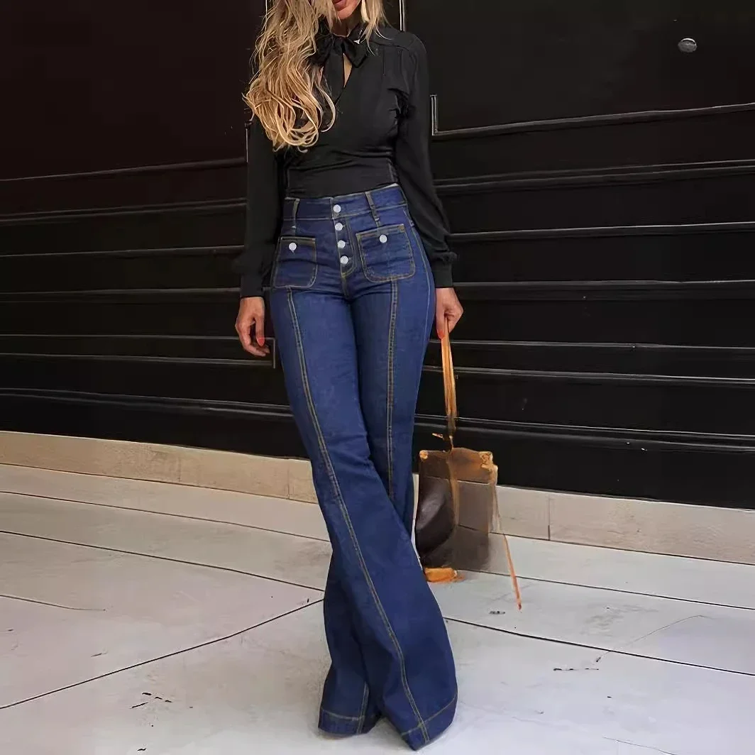 Personality Temperament Breasted High-waisted Jeans,women's Spring and Autumn New Style Splice Bell-bottoms Slimming Long Jeans