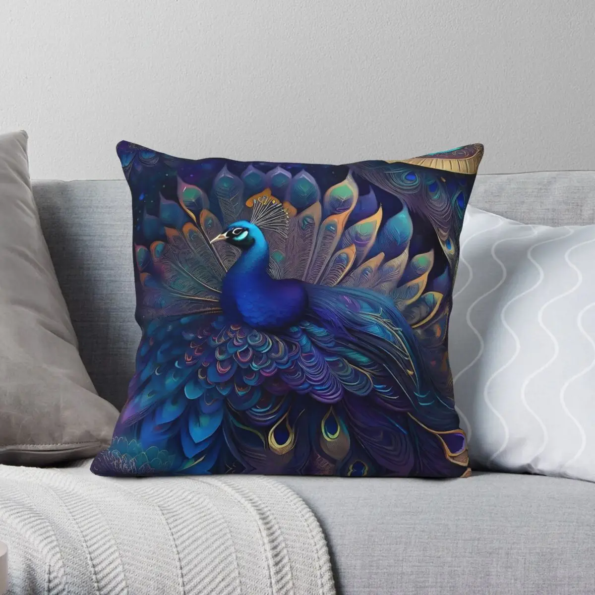 Peacock Blue Feather Square Pillowcase Polyester Linen Velvet Printed Zip Decorative Throw Pillow Case Car Cushion Case 45x45