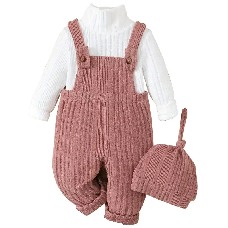 

3Piece Sets Spring Autumn Newborn Girls Clothes Fashion Knit Long Sleeve White Tops+Jumpsuit+Hat Baby Boutique Clothing B061