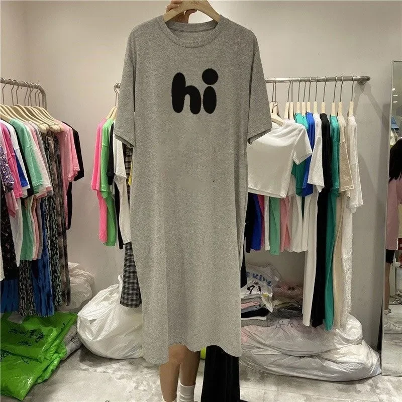 New Women Hi Letter Printed Dresses Loose Casual Oversize Short Sleeve T-shirts Dresses O Neck Krean Fashion Dresses Nightdress