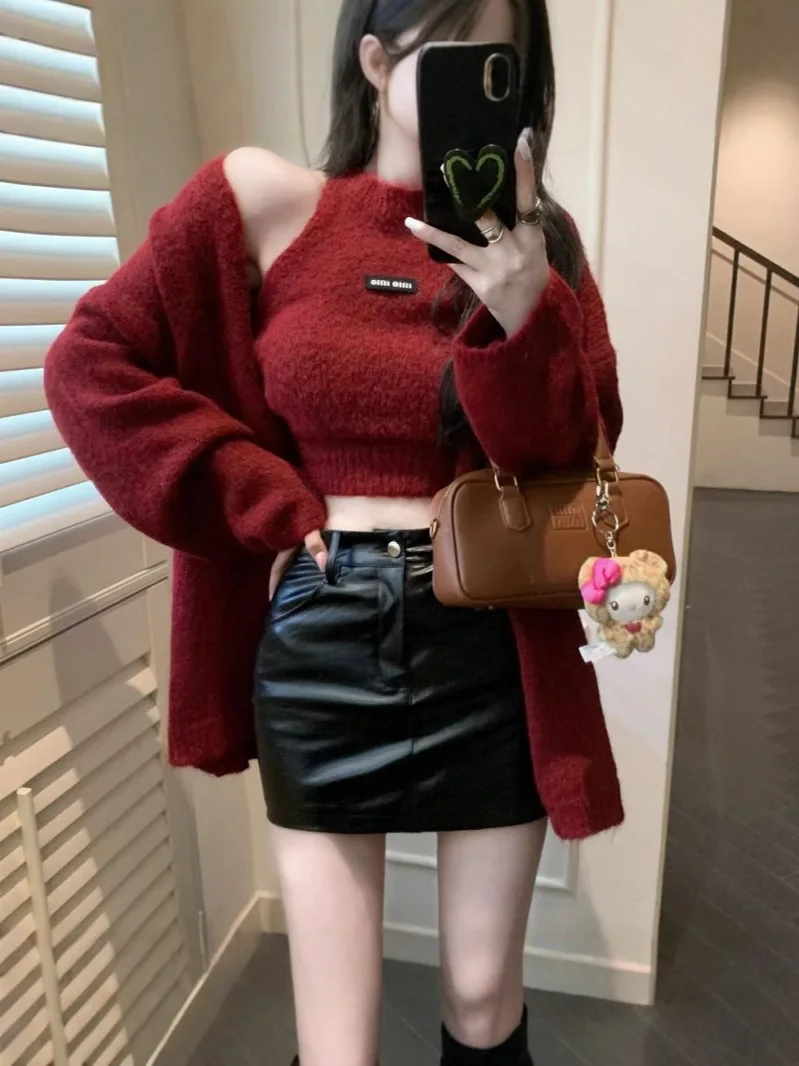 

Fashion Solid Cashmere Sweater Long Sleeves Loose Warm Cardigan+Sleeveless Knitting Tank Top Winter Gentle Casual Tops