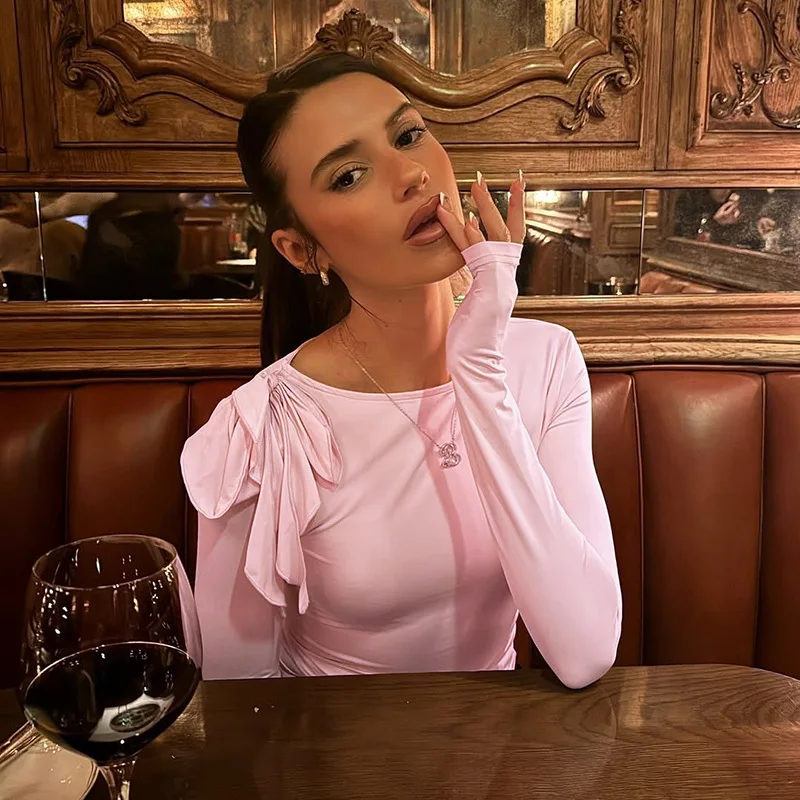 Fashionable Long Sleeve Short Top with Belted Waist And Gathered Design Pure Color European And American CrossBorder Single Shou
