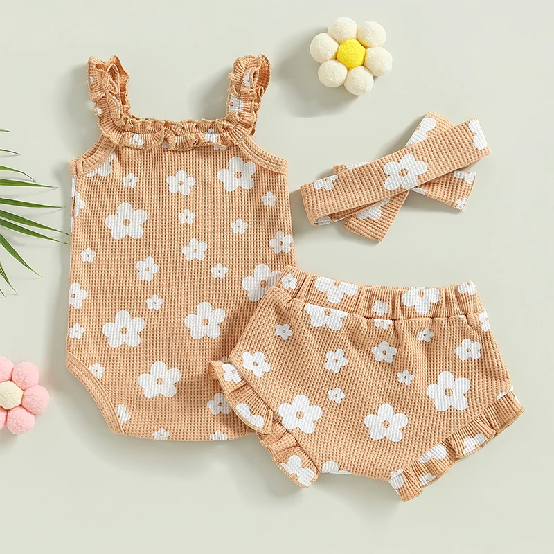Baby Girls 3Pcs Summer Outfits Floral Sleeveless Strap Romper + Shorts + Headband Set image 3