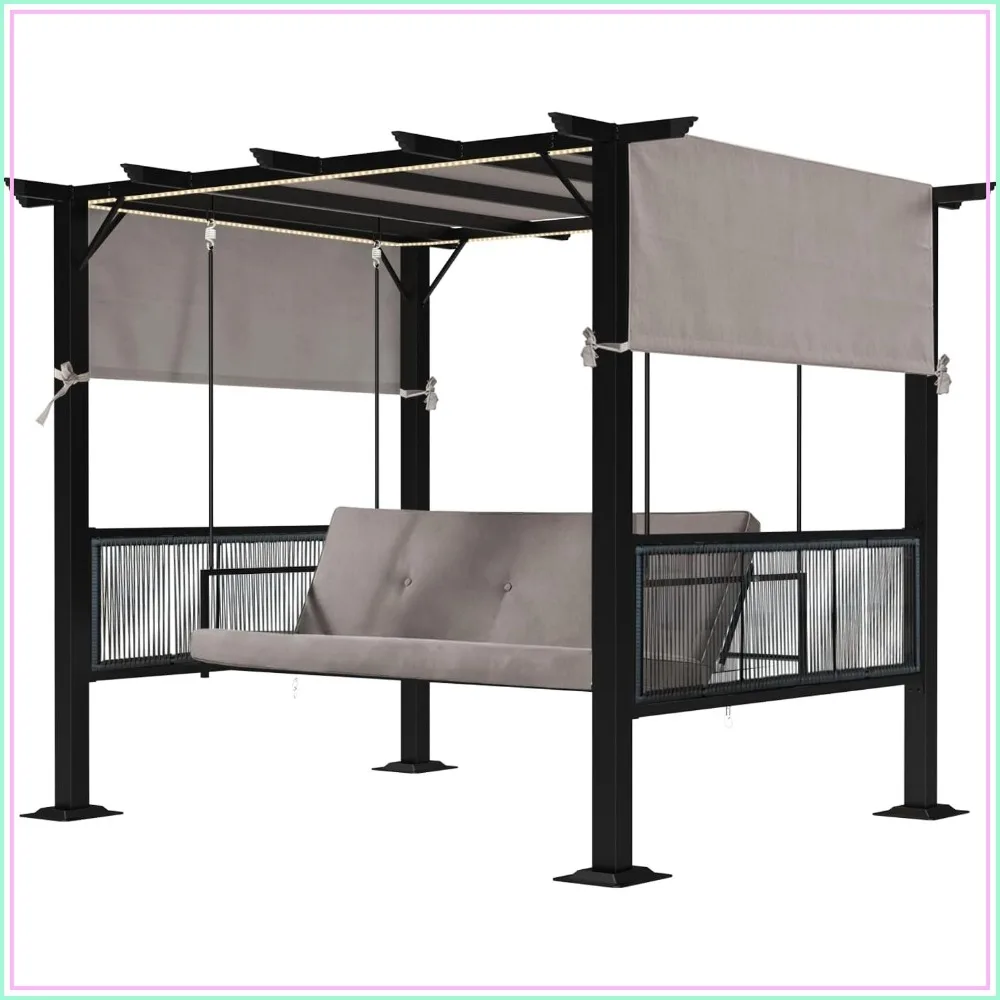 1000Lbs 2-in-1 Porch Swing w/ LED, Canopy, 3-Seat Patio Daybed