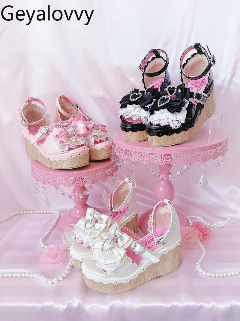 

Japanese Style Original Summer New Sweet Girls Wedge Sandals Versatile Lace Bow Lace-up Sandals Platform Shoes for Women