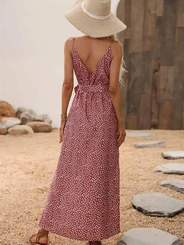 

Летние длинные женские сексуальные пляжные сарафаны с цветочным принтом и открытой спиной, повседневное элегантное черное платье без рукавов с v-образным вырезом