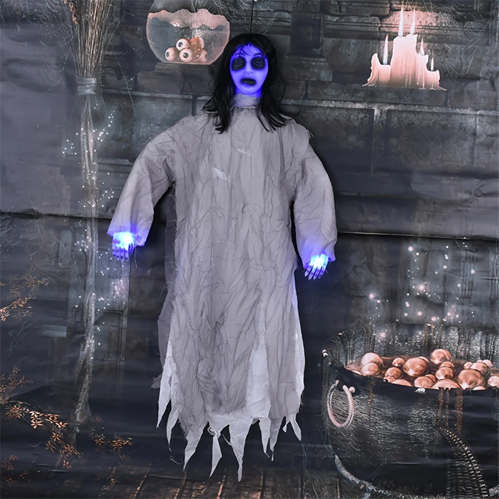 Hanging Female Ghost with Creepy Sound & Light Halloween Decoration Floating Ghost for Haunted House Horror Spooky Party Outdoor