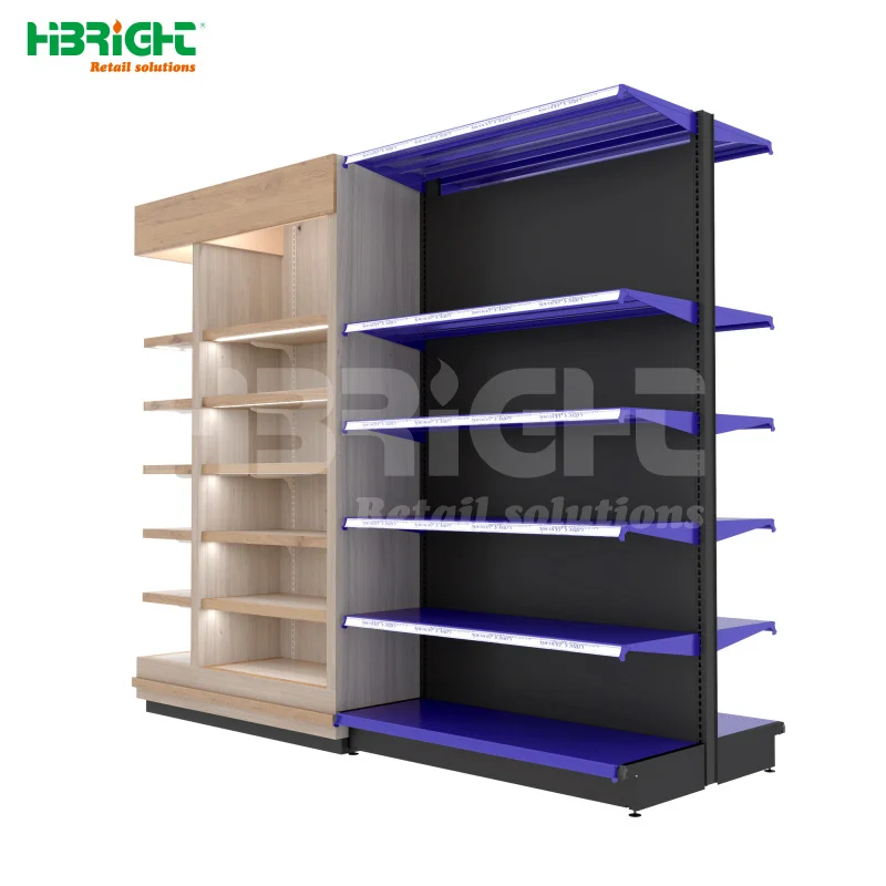 custom.Customizable Heavy-Duty Single-Sided Display Rack New Wooden Steel Supermarket Shelves with Lights Metallic Material