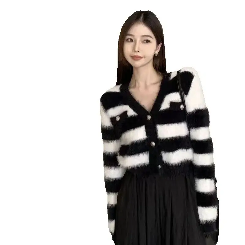 Cropped striped faux mink fleece sweater loose cardigan languid style plus-size women's clothing