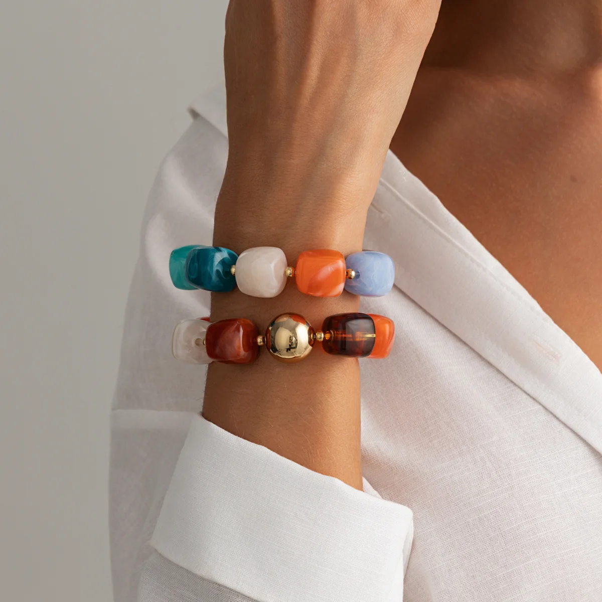 Boho Square Resin Beaded Stretch Bracelets Multicolor Stackable Bangle Vintage Gold Spacer Bead Elastic Bracelet Women 2PCS