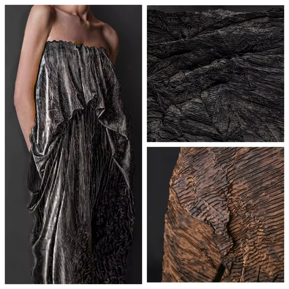 

Ткань атласная плиссированная черно-золотисто-кофейно-коричневая с эффектом брызг чернил, оптом, для пошива одежды, материал для рукоделия, продается на метры